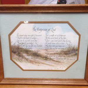 VTG HOMCO HOME INTERIORS FOOTPRINTS IN THE SAND WOOD FRAME PICTURE Nice!